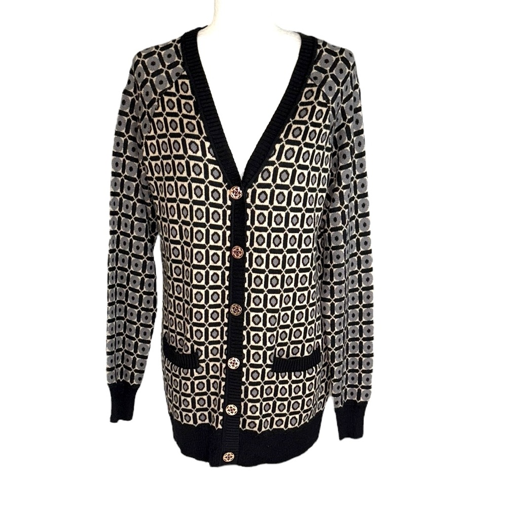 C. Wonder Black & Blue Gray Geometric Gold Button Front Oversized Cardigan - XS